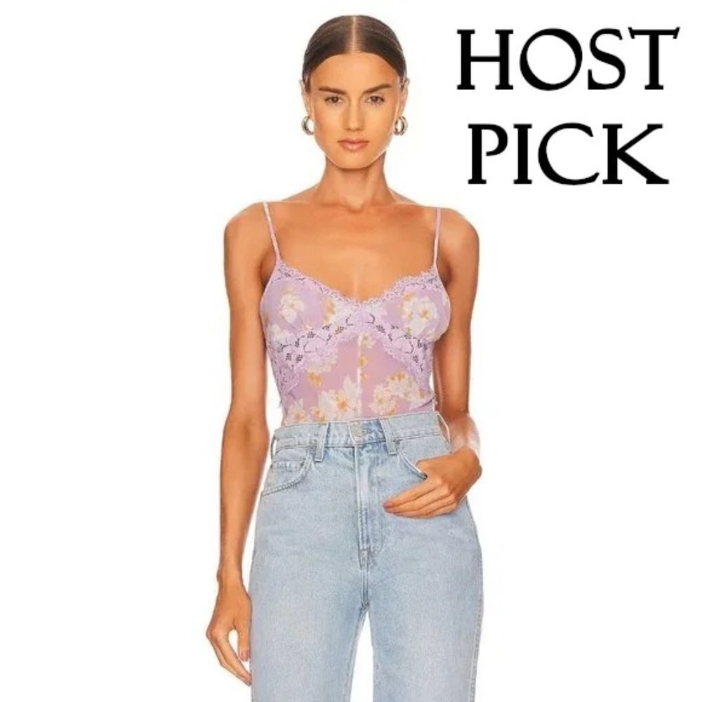 NWT Free People lilac lavender floral print lace trim semi-sheer bodysuit, S